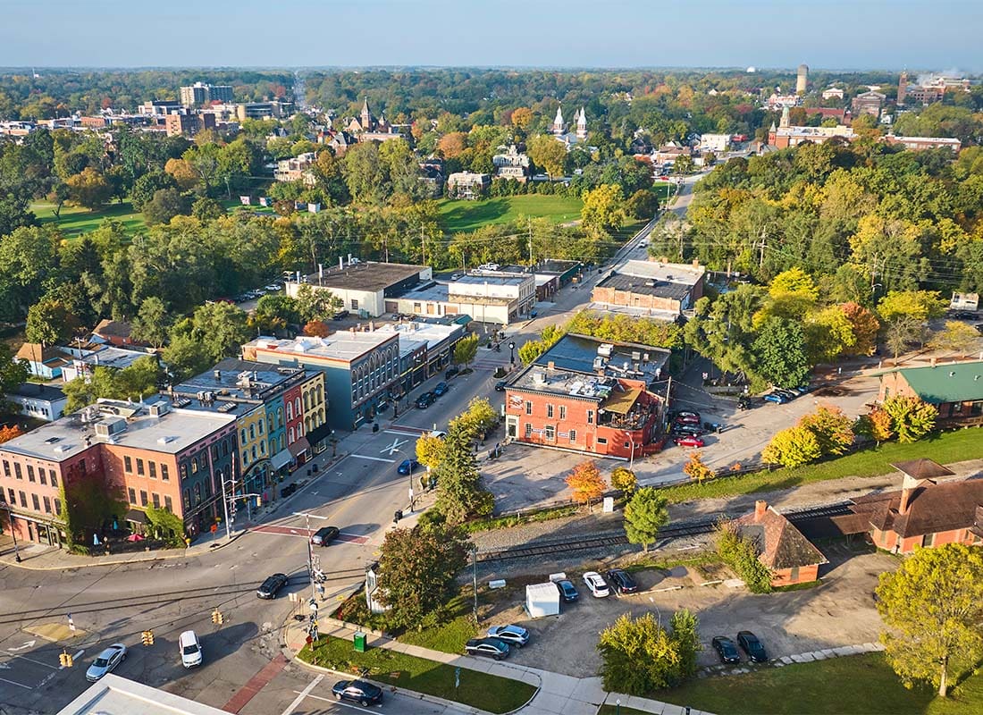 Hillsdale, MI - Aerial View of a Main Street with Commercial Buildings on a Sunny Day in Hillsdale Michigan